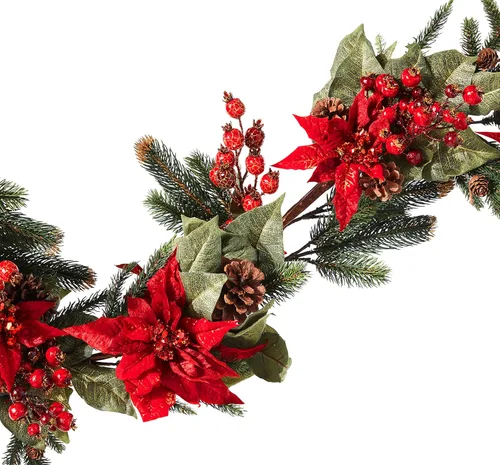 Vista 2 de Nearly Natural Guirnalda de flores de pascua y bayas de 60 pulgadas