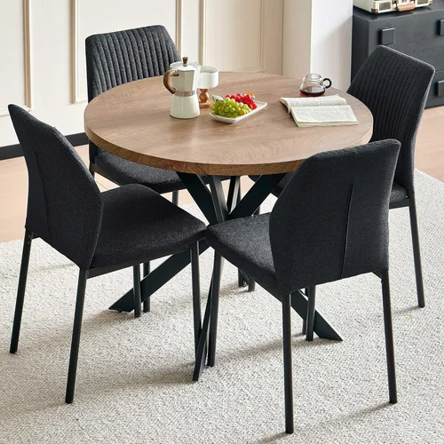 Vista 17 de Juego de mesa de comedor para 4, mesa de cocina redonda de madera de 47 pulgadas con sillas de piel sintética para cocina y espacios pequeños