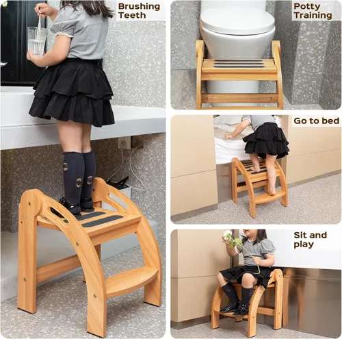 Vista 4 de StrongTek Taburete infantil con pasamanos, taburete de seguridad plegable, amplia superficie antideslizante, escalera de madera de 12 pulgadas