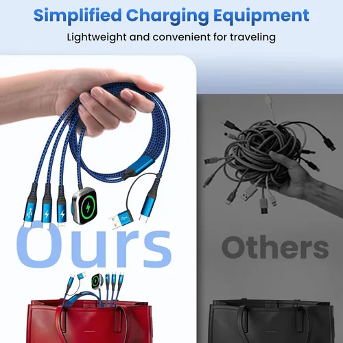 Vista 7 de Cable de Carga Múltiple para Cargador de Apple Watch, 4 en 1 Cable Cargador de Teléfono USB A/C con Doble Tipo-C/IP, Cable Magnético iWatch de Nylon