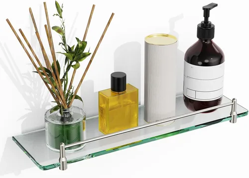 Vista 7 de Estantes de baño de vidrio, estantes flotantes dorados cepillados para pared, rectangular, moderno, estante de vidrio de acero inoxidable