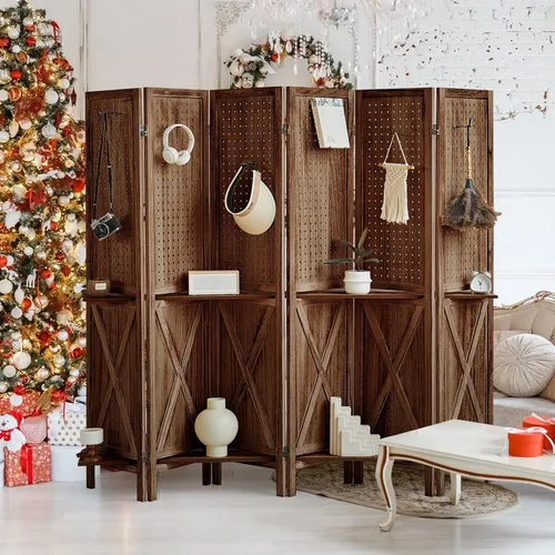 Vista 2 de Divisor de habitación de 6 paneles con estantes, pantalla de tablero de clavijas de 5.6 pies con 24 ganchos, divisor de habitación de madera sólida