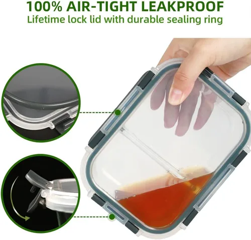 Vista 3 de Contenedores de preparación de comidas, 2 compartimentos con cuencos de vidrio con tapas, recipientes de almacenamiento de alimentos, recipientes
