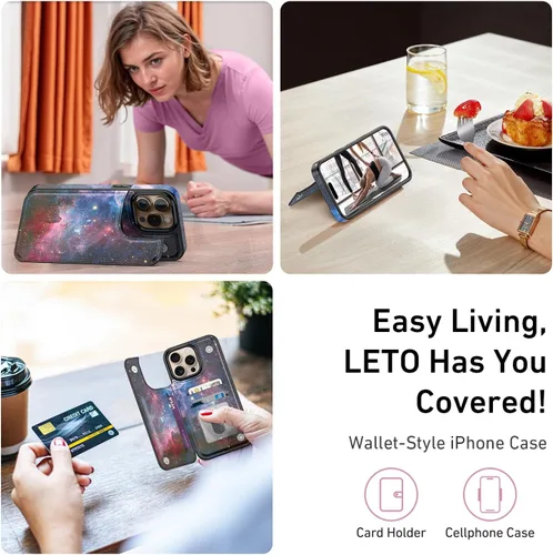 Vista 1292 de LETO para iPhone 15 Pro Funda tipo cartera - Tapa tipo folio con patada - Diseños de moda - Tarjetero - Funda protectora para mujeres y niñas - 6.1