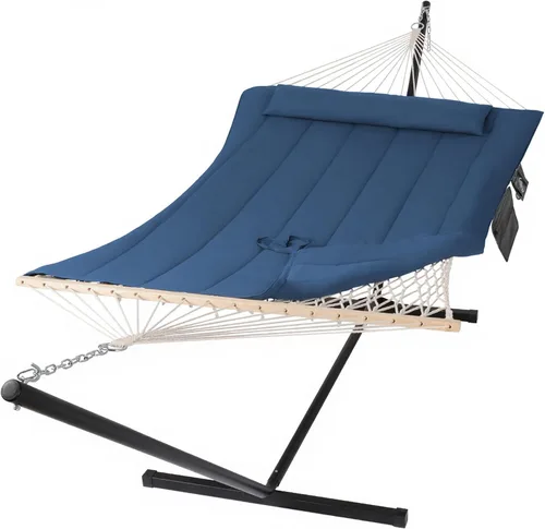 Vista 8 de SUNCREAT Hamaca doble para exteriores con soporte incluido, hamaca portátil de cuerda de algodón para 2 personas para exteriores, patio, jardín