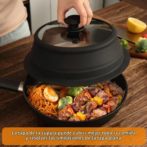 Vista 8 de Tapa plegable para salpicaduras de microondas con cubierta de vidrio templado ventilado, tapa wok apta para microondas, olla de vapor y olla redonda
