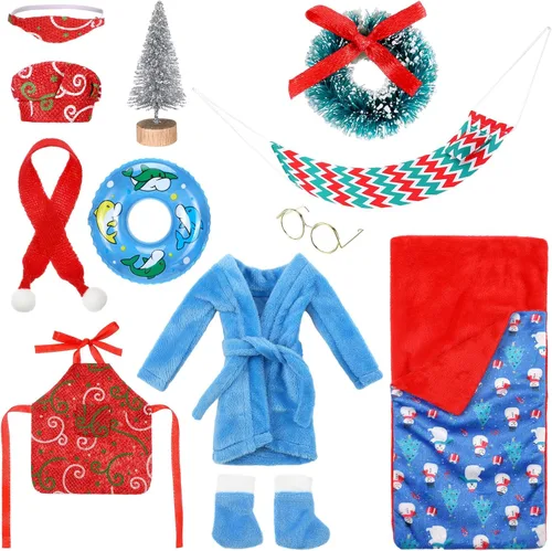 Vista 9 de Bencailor Juego de Accesorios de Elfo Navideño Incluye Ropa de Elfo, Bata de Baño, Saco de Dormir Navideño, Delantal, Hamaca, Zapatos, Bufanda