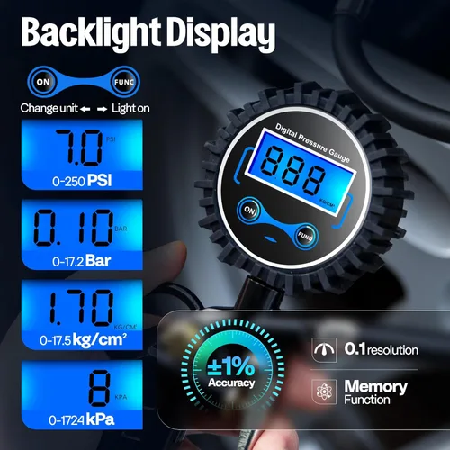 Vista 3 de SPECSTAR Paquete de 2 infladores digitales de neumáticos con manómetro, portabrocas de aire de 250 PSI y accesorios de compresor con manguera