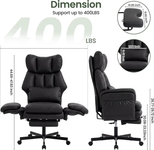 Vista 2 de Silla cruzada con reposapiés, silla de oficina grande y alta con brazos Cuero Pu Negro