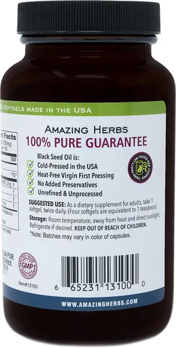 Vista 4 de Amazing Herbs Píldoras de aceite de semilla negra de 1250 mg, 100 cápsulas de cápsulas blandas - prensadas en frío Sin OMG