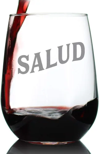 Vista 7 de Custom Salud Spanish Cheers - Personalized Stemless Wine Glass - Unique Spain Themed Gifts or Party Decor - Large 17 Ounce - Customized Wine Glass