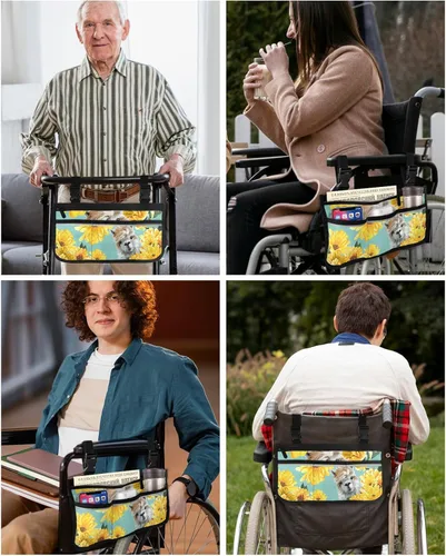 Vista 5 de Bolsa para silla de ruedas, girasoles margaritas animales de granja alpaca divertida bolsa lateral para reposabrazos de silla de ruedas, bolsa