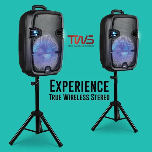 Vista 5 de QFX PBX-616SM - Altavoz recargable Bluetooth de 15 pulgadas con luces LED, micrófono y soporte, color negro