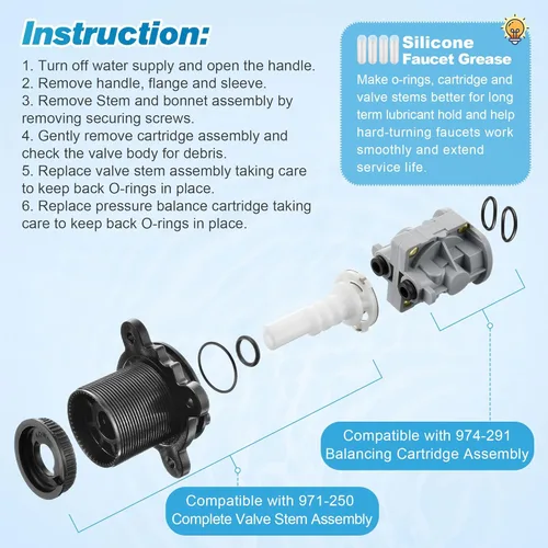 Vista 9 de Dreyoo Cartucho de equilibrio de presión de 4 piezas y conjunto de vástago de válvula, compatible con 971-2500 y 974-2910, compatible con válvula