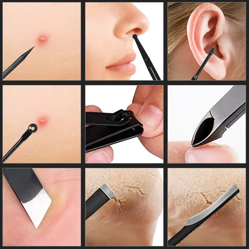 Vista 6 de Cortaúñas profesional de acero inoxidable, kit de viaje y aseo para uñas, herramientas de manicura y pedicura, juego de 18 piezas con estuche