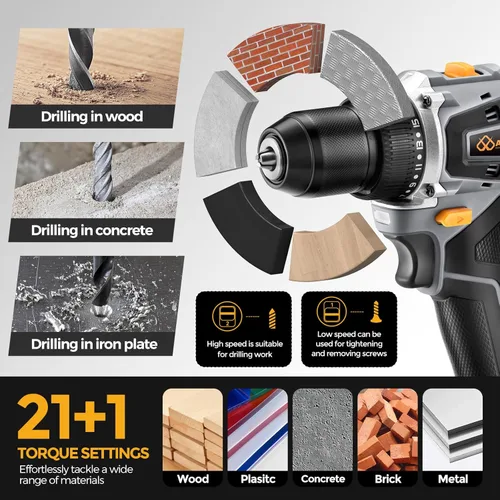 Vista 4 de Juego de taladro de iones de litio inalámbrico sin escobillas de 20 V, diseño compacto, kit de taladro de iones de litio recargable gris, incluye