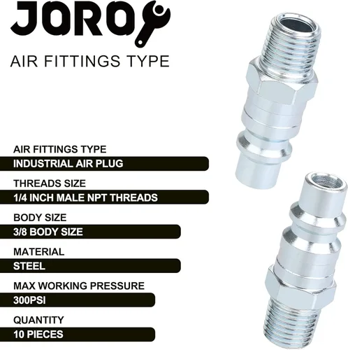 Vista 2 de Accesorios de manguera de aire de alto flujo de 3/8, enchufe industrial tipo M, tamaño de flujo alto de 3/8 pulgadas, tamaño de rosca macho de 1/4