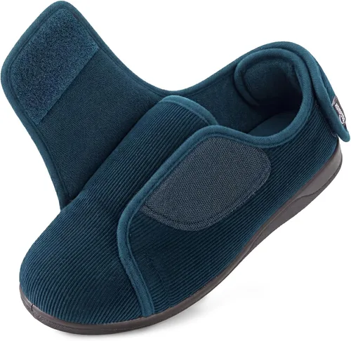 HomeTop Zapatillas de cordura para hombre, ajustables con gancho y bucle, de espuma viscoelástica, amplias, para interior, zapatos de casa para Azul