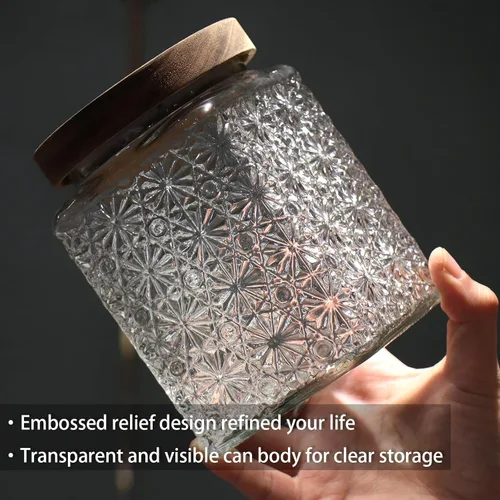 Vista 4 de TOSSOW - Tarro de almacenamiento de vidrio vintage, recipientes de alimentos de 24 onzas con tapa de madera, 1 recipiente de estrellas en relieve
