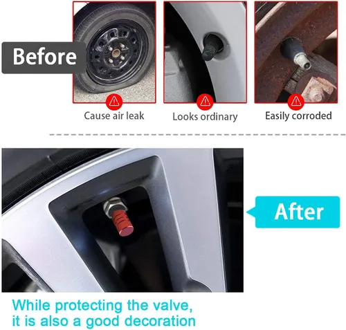 Vista 3 de Tapones de válvula de neumático de aleación de aluminio, 8 tapas universales para válvulas de neumáticos de automóvil, cubiertas universales