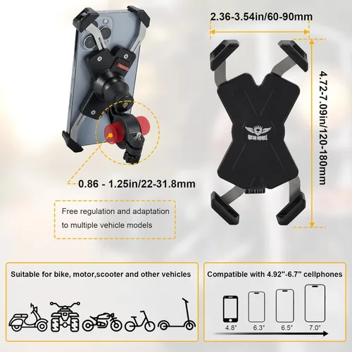 Vista 3 de Soporte de teléfono para motocicleta, soporte universal para manillar de motocicleta, abrazadera de teléfono celular para iPhoneGalaxy de 4.72 a