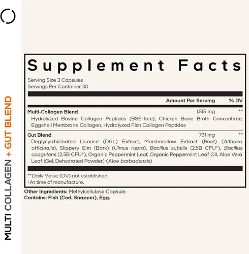 Vista 2 de Codeage Suplemento de mezcla de colágeno múltiple + intestinal, probióticos digestivos, regaliz DGL, aloe vera, hoja de menta orgánica, olmo