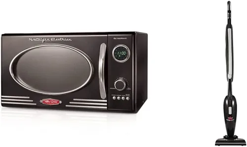 Nostalgia Horno microondas retro para encimera, 0.9 pies cúbicos, 800 vatios cúbicos, negro y BISSELL FeatherWeightâ Featherweight Stick Aspiradora