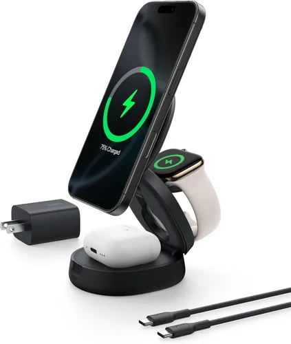 Belkin MagSafe Charger Compatible, estación de carga inalámbrica Qi2 3 en 1 de 15 W, cargador inalámbrico convertible para iPhone 17, Apple Watch,