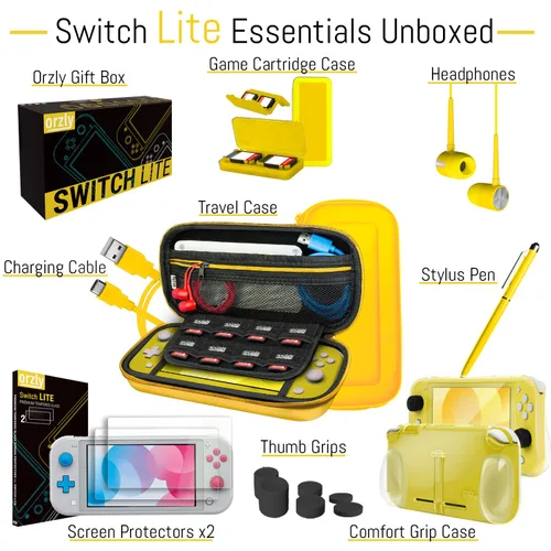 Vista 3 de Orzly Switch Lite Accessories Bundle - Funda y protector de pantalla para consola Nintendo Switch Lite, cable USB, soporte para juegos, funda