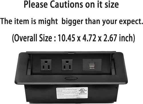 Vista 2 de Regleta de Alimentación Certificada UL, Kungfuking Caja de Toma de Corriente Emergente de Escritorio con Puertos de Carga USB Duales, Receptáculo