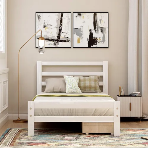 Vista 3 de Cama de plataforma individual con cajones de almacenamiento, plataforma de madera maciza con cabecero y estribo, no necesita somier, color blanco