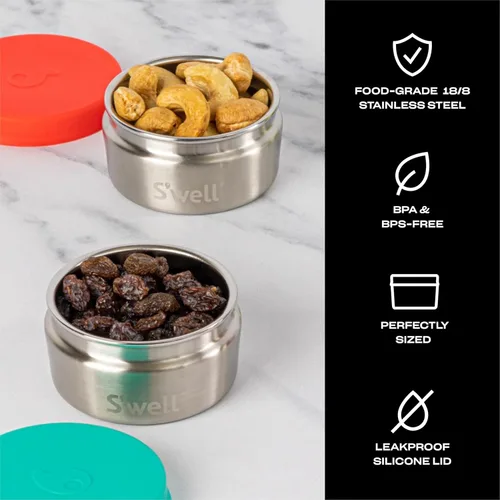 Vista 2 de S'well Juego de dos recipientes de condimentos de acero inoxidable, 2 onzas, mandarina/turquesa, construcción duradera de una sola pared, tapas