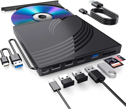 BPAKDU Unidad externa de CD/DVD para laptop, grabadora de CD ultra delgada, concentrador USB 3.0 con 4 puertos USB, 2 ranuras para tarjetas TF/SD, 1