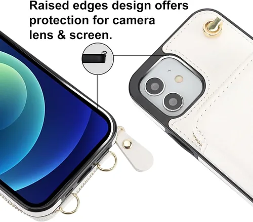 Vista 7 de Bocasal Funda tipo cartera cruzada para iPhone 12/12 Pro, funda de piel con bloqueo RFID y soporte para tarjetas, funda protectora con cremallera