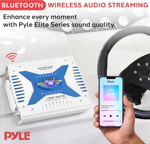 Vista 3 de Pyle Receptor de amplificador marino Bluetooth 2.1, amplificador de audio inalámbrico de 4 canales impermeable para altavoz estéreo con fuente