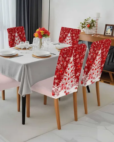 Vista 3 de Savannan - Juego de 4 fundas para sillas de árbol de Navidad, bolas de copos de nieve de color rojo invierno, fundas elásticas para sillas Parsons