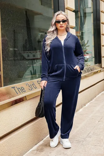 Vista 4 de IN'VOLAND Chándal de terciopelo para mujer, talla grande, sudadera de manga larga, 2 piezas, sudadera con capucha y bolsillos