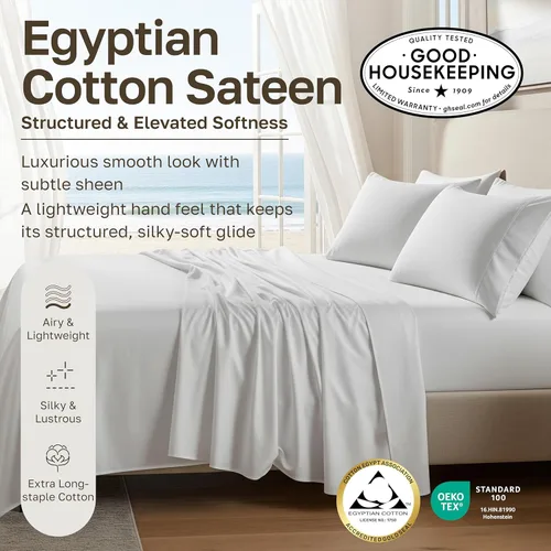 Vista 3 de California Design Den Sábanas de Algodón Egipcio 100%, Juego de Sábanas de Lujo Auténtico Certificado Tamaño Full con Bolsillo Profundo, Satén Suave