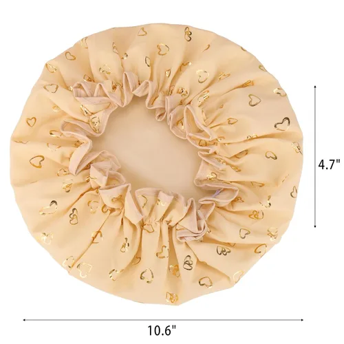 Vista 2 de 4 Piezas Gorros de Ducha para Mujeres y Niña, Gorro de Baño Reutilizable e Impermeable con Doble Capa Impermeable, Patrón de Pájaro y Corazón