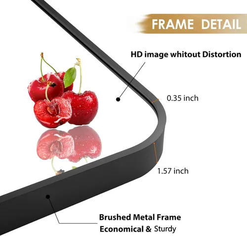 Vista 4 de Espejo de pared negro de 22 x 30 pulgadas para baño, espejo con marco de metal cepillado con esquina redondeada, espejo rectangular de tocador