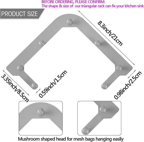 Vista 4 de Filtro Triangular de Tres Soportes para Fregadero de Cocina, Colador de Fregadero, Colador de Drenaje de Fregadero, con un Estante Gris Triangular