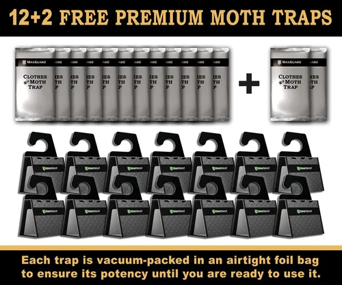 Vista 5 de MaxGuard Trampas para polillas de ropa (12+2 trampas gratis), feromonas extra fuertes, trampa de pegamento adhesivo no tóxico para armarios