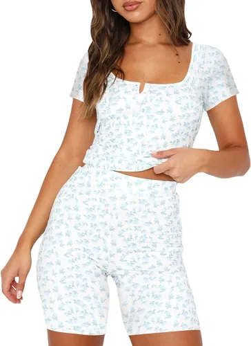 Conjunto de 2 piezas de pantalones cortos de verano para mujer, cuello redondo, manga corta, pantalones cortos de cintura alta, ajuste delgado,