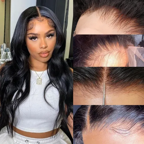 Vista 9 de Derun Pelucas de cabello humano con cierre de encaje HD real de 5 x 5, densidad del 180 %, encaje frontal suizo invisible ondulado, prearrancado