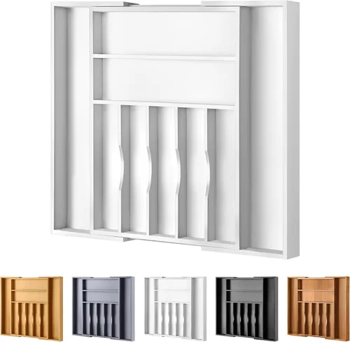Vista 18 de Organizador de cajones extensible de acacia para cubiertos y utensilios, bandeja de cubiertos de madera de acacia ajustable en cajón para cubiertos