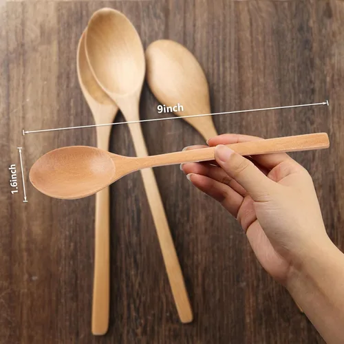 Vista 2 de HAKSEN Cucharas de madera, 6 cucharas de sopa de madera de 9 pulgadas para comer, mezclar, agitar, cuchara de mango largo para estilo japonés