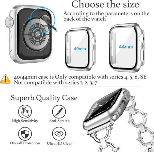 Vista 5 de Correa en forma de anillo compatible con Apple Watch Band de 1.732 pulgadas con protector de pantalla para iWatch Series 6 SE 5 4, correas de metal