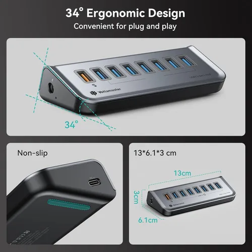 Vista 6 de Hub USB alimentado con cable USB A a C en ángulo recto y cable de extensión USB C, recto, adecuado para APC USB, laptops y consolas