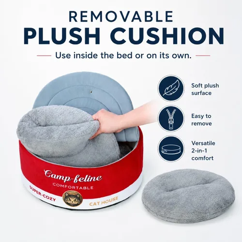 Vista 3 de PECHVINO Cama para gatos en forma de lata con funda de privacidad, cómodo cojín para gatos y perros pequeños
