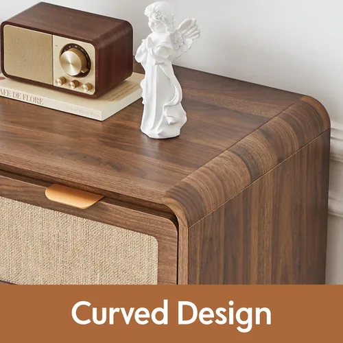 Vista 10 de Cómoda moderna de mediados de siglo para dormitorio con 4 cajones, cómoda de 35 pulgadas de alto con lino natural, cómoda de madera curvada